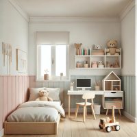 DALL·E 2024-10-02 10.38.19 - A clean, neat, and stylish childs room designed with minimalism in mind. The room has soft pastel colors, a small bed with tidy sheets, a toy shelf w