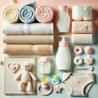 DALL·E 2024-10-02 10.41.26 - A clean and stylish arrangement of baby personal items for a website category image. Display neatly arranged baby essentials such as soft towels, baby