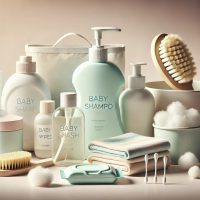 DALL·E 2024-10-02 10.45.17 - A clean and realistic arrangement of baby hygiene products for a website category. Include essential items like baby shampoo, body wash, a soft brush,