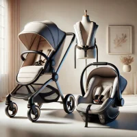 DALL·E 2024-10-14 10.26.01 - A realistic image of modern baby transportation items, featuring a stroller, a baby car seat, and a baby carrier. The stroller is sleek and stylish wi