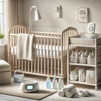 DALL·E 2024-10-14 10.30.42 - A realistic image of baby care items, including a baby crib, changing table, baby monitor, and essential care products like diapers, baby lotion, and