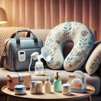 DALL·E 2024-10-14 10.36.32 - A realistic image of essential items for new mothers, including a breast pump, nursing pillow, maternity bag, and skincare products. The breast pump i